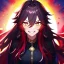 Placeholder: Clear focus, 8k, beautiful lighting, vibrant colors, girl, red long hair, vibrant golden eyes, messy hair, hair in between the eyes, laughing, angry,