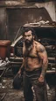 Placeholder: photography of a dirty burly beefy gipsy manly man serious repairing a car, , 36 years old, beefy, ugly , dirty curly hair, sweat, tattoo, with completely broken cotton pants, bulge, beard , angry eyes, bare-chested, huge belly, in industrial area, photorealistic, side light, view angle from low , ambient occlusion