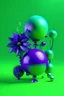 Placeholder: Vibrant abstract 3D sculptures in violet and green color with flower and metalic balls with shadow and green background