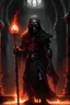 Placeholder: a god of death with red eyes and his head as a skull with a black hood wealdig a spear with fire as his wepon in a big room made of black stone brikcks