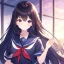 Placeholder: Clear focus, High resolution, Black long hair, fluffy hair, purple eyes, wearing a sailor uniform, rough line