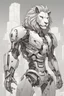 Placeholder: modern anime/realistic drawing style; a humanoid cyborg, half lion/human, with a mechanical style body and futuristic guns in a dynamic pose; the background is a city in ruins; teen/adult coloring pages, in black and white; crisp lines, grey scale,