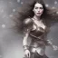 Placeholder: portrait only a wonderfull Anne Hathaway, viking fantasy, big curves, voluminous long black hair, snow flakes particles, 55 mm