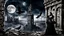 Placeholder: goth theme with victorian style woman, two raven, tower, ruin, moon, darkness, detalied materials, old wall, mystic, dark fantasy