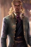 Placeholder: male, brown skin, tanned, blonde long hair, pony tail, green eyes, large iris, slender, light blue aristocrat coat with golden motif, dark purple shirt, brown expensive pants, brown boots with golden decoration, holding wine in a glass, single character, high class party background, smirking, realistic, realism