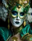 Placeholder: Beautiful woman portrait adorned with baroque palimpsest carnival of venice style costume and masque ribbed with green obsidian, blue onix, light beige egg shell colour and Golden bioluminescense baroque palimpsest mineral stones and malachite stone masque and costume white Gloss glittering Golden and white and malachite green makeup on baroque palimpsest organic bio spinal ribbed detail. Of carnival of venice bokeh background with lights extremely detailed hyperrealistic maximálist c