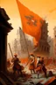 Placeholder: soldiers from the 1700s putting a orange flag in the middle of a destroyed city