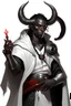 Placeholder: En Young male black skin black hair tiefling Wizard with large horns glowing Silver and White symbols Everywhere on his body. He's wearing silver and White Rope and a silver cloak. His horn a perfectly place on acet from the front to the back pointing upwards with glowing Red cat Eyes. His close is elegant get simple