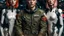 Placeholder: Photorealistic picture of a young man in a flight suit with two tall, slender female androids in biosuits, one with red hair and one with white hair, standing on the bridge of a spaceship.