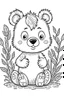 Placeholder: cute coloring page, sketch style, cute baby bear in the wood, cute cartoon, white and black, withe background, no shadows, outline.