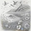 Placeholder: A pencil drawing of a landscape with mountains, ocean, a flock of birds and a lot of wild flowers.