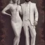 Placeholder: 8K, a Highly detailed stunning portrait of Dom man with a submissive woman,woman pose nadu, a white suit, beard, and short hair,