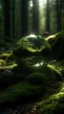 Placeholder: Natur , Glaskugel, Fantasy, magisch, Wasser, schwaches diffuses Sonnenlicht, Moos, Bäume, dunkelgrün, Holz, Steine