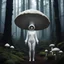 Placeholder: In the heart of a dark and spooky forest, a woman with big eyes, her head enclosed in a giant mushroom cap, stands trembling. She is clad in a full-body mushroom symbiote suit made of white mycelium, blending seamlessly with the eerie surroundings. Surrounding her are several giant mushrooms, their shapes resembling women, casting long, haunting shadows in the dim light of the forest. The woman's eyes dart nervously from one mushroom figure to another, their silent presence sending shivers down