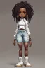 Placeholder: create a futurism art image of a curvy size chibi dark skinned Black female wearing a white jean outfit with timberland boots. Prominent make up with brown eyes. Highly detailed dread locs