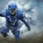 Placeholder: A painting of an angry cougar in full blue and white armor, Inka jungle background, American football on ground, highly detailed, digital painting, Artstation, concept art, matte, sharp focus, illustration, dramatic, Blizzard concept art