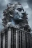 Placeholder: surrealis monochrome A fragmented, surreal sculpture liguid blue color of photorealistic image 3d,psychedelic art glossy emerging from devilish a crumbling empire state building. The face appear and intricate details, evoking a haunting expression. set against a backdrop of stormy, cloud-filled skies. bauhaus art The overall tone is dark blue and moody, suggesting themes of decay and transformation.