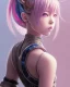 Placeholder: Detailed cute anime Kunoichi girl, blue hair buns, pink bangs, black latex bodysuit, intricate details, full body portrait, keep head in frame, slight smile, black Japanese motif, concept art, highly detailed, digital painting, concept art, sharp focus, illustration, art by Yoji Shinkawa, WLOP and greg rutkowski and alphonse mucha and artgerm and yanjun Chen and Junji ito and Makoto Shinkai, HDR, octane render