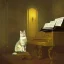 Placeholder: A cat in a historic dress is playing Piano. Background Music notes are dancing. Painting style like John Atkinson Grimshaw