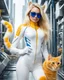 Placeholder: Hard Science fiction utopia romance human female blonde long hair augmented biotech wearing blue sunglasses in white skintight suit with yellow long gloves and yellow thigh high boots holding orange animal cat