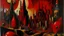 Placeholder: A dark red city made out of jazz instruments painted by Salvador Dali