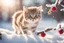 Placeholder: A beautiful little cat catches a berry while standing on a snowy branch in sunshine, ethereal, cinematic postprocessing, bokeh, dof