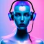 Placeholder: woman teenager, headphones, retro futuristic, Bang & Olufsen, shaved hair, leather, gradient color, BLUE, PINK, CYAN, neon, insanely detailed, 16k resolution, perfect eyes, cinematic smooth, intricate detail