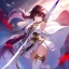 Placeholder: Clear focus, High resolution, Black red faded hair, low small ponytail, purple dead glowing eyes, white detailed split skirt, purple and white detailed sleeveless shirt up to neck, white gloves up to elbow, holding sword, gold necklace, white thigh high boots, zoomed out, (solo)