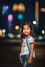 Placeholder: Little 6 years old beautiful girl perfect face,1girl wearing a pretty shirt and jean pant, standing pose,modern city ,night view