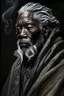 Placeholder: a photo of an African man with ethnic jewelry, grey hair and grey flowing robe, in style of Annie Leibovitz, contemporary portrait of a mature yet beautiful and modernist man, black and grey, detailed masculine face, swirling fluid smokey enigma, award-winning artwork