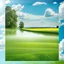 Placeholder: a big dance grass field in country side environment ,green field ,flowers , at distance,blue sky pretty clouds ,camera looking at horison