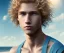 Placeholder: photorealistic, studio lights, full body image of a beautiful 12 year old boy with long, blonde curly hair and light blue eyes, smiling, shirtless, in front of an distant beach