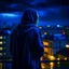 Placeholder: girl in a raincoat, viewed from behind, watching the empty city, at midnight, dark grey colours, rainy, atmospheric, photo quality