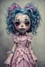 Placeholder: full color, illustration of a dark, menacing, monster girl Singer Melanie Martinez , as a decayed, broken, crude homemade cloth doll toy, with a narrow cracked porcelain face, thick dark eyebrows, hair made from ragged strips of cloth, in the style of Alex Pardee, Tim Burton, and Nadya Sheremet