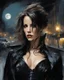 Placeholder: Kate Beckinsale as a sexy vampire warrior in black leather and a corset in a london street under the moon :: dark mysterious esoteric atmosphere :: digital matt painting with rough paint strokes by Jeremy Mann + Carne Griffiths + Leonid Afremov, black canvas