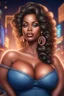 Placeholder: create an airbrush illustration of a curvy black female wearing Tight blue jeans and a peach off the shoulder blouse. Prominent make up with long lashes and hazel eyes. She is wearing brown feather earrings. Highly detailed long black shiny wavy hair that's flowing to the side. Background of a night club.