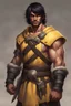 Placeholder: Tan skin adult human, buff barbarian, brown eyes, short black hair, wearing a yellow and black medieval tabard, empty handed