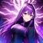 Placeholder: Clear focus, 8k, high quality, detailed, beautiful lighting, girl, vibrant colors, purple long hair, vibrant purple eyes, lightning magic, smile, angry