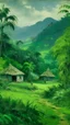 Placeholder: A green jungle with tribal huts painted by Claude Monet