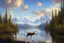Placeholder: Peder Monk Monsted style, Alaska, lake with Moose summer, blue sky,