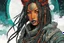 Placeholder: front facing portrait illustration of a grunge armored female , beaded dreadlock hair, cyberpunk vampire mercenary wearing an ancient ornate japanese kitsune mask , and shemagh, highly detailed with gritty post apocalyptic textures, caught in a cosmic maelstrom of swirling gases , finely detailed facial features and hair, in the graphic novel style of Bill Sienkiewicz, and Jean Giraud Moebius, ink wash and watercolor with realistic light and shadow