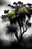 Placeholder: black and white photography of a big mimosa tree full of yellow flowers. fogy weather, smoke, dark, vintage, realistic photography, artistic photography, accurate details, forest behind the tree.
