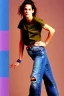 Placeholder: year 1996 denim fashion. Loose fit, low waist, baggy. Combat pants and t-shirt. Colors: denim blue, blue, purple, khaki, light green, lilac, plum, orange, terracotta, red, pink, dark blue, beige. Patterns: cheetah, balls, stripes. Women models. Sharon Stone, Sandra Bullock, Winona Ryder, Milla Jovovich, Big tennis shoes on. Latex in small part, areas, clothes..Combat pants. Leg warmers.