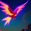 Placeholder: phoenix in space, black and blue sun in background, shooting stars in background, comet trail behind wings, vibrant phoenix