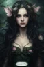 Placeholder: Water lilies Dark green long hair Dark Fairy princess queen crown butterflies dragonflies fireflies elven tiara flowers fairy wings emerald moss