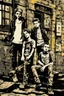 Placeholder: Three teenage street children two boys and one punk girl in book-cover poses on the screen of an old town plus a black cat as a companion, graphic style, banksy style