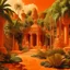 Placeholder: An orange colored oasis near a jungle designed in ancient Egyptian architectures and sculptures painted by Michelangelo di Lodovico Buonarroti Simoni
