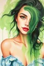 Placeholder: A beautiful young women painted with Liquid abstract green painting,