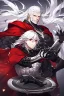 Placeholder: Vampire knight, muscular young man with long white hair, wearing black gothic full plate armor with red cape, cyan eyes, claws