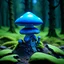 Placeholder: "Close up of a wonderful tiny Mushroom Tower home. blue and indigo with bright white, deep black and contrasting tones of gray. Illuminated bioluminescent forest. Professional painter, master at composition. small but detailed. broken, blurred background, voluminous lighting"